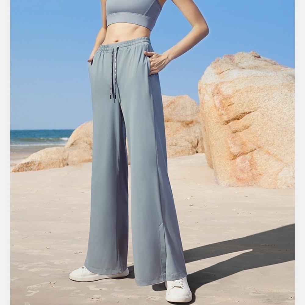 Ice Silk Wide Leg Elastic Band Pants in Grey